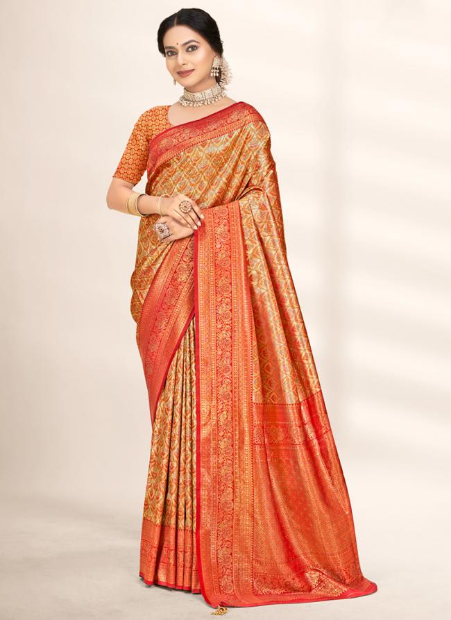 Banarasi Silk Orange Wedding Wear Weaving Saree